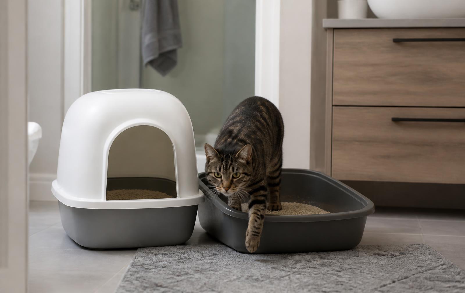 A kitten sitting inside an open traditional litter box