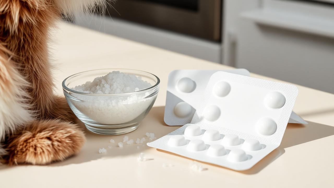 Sweetener crystals and blister packs on a kitchen counter beside a cat's paw