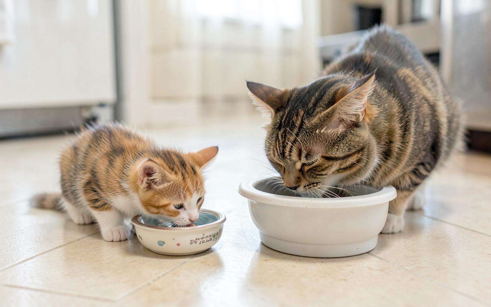 A kitten eating from a small bowl beside an adult cat eating from a larger bowl