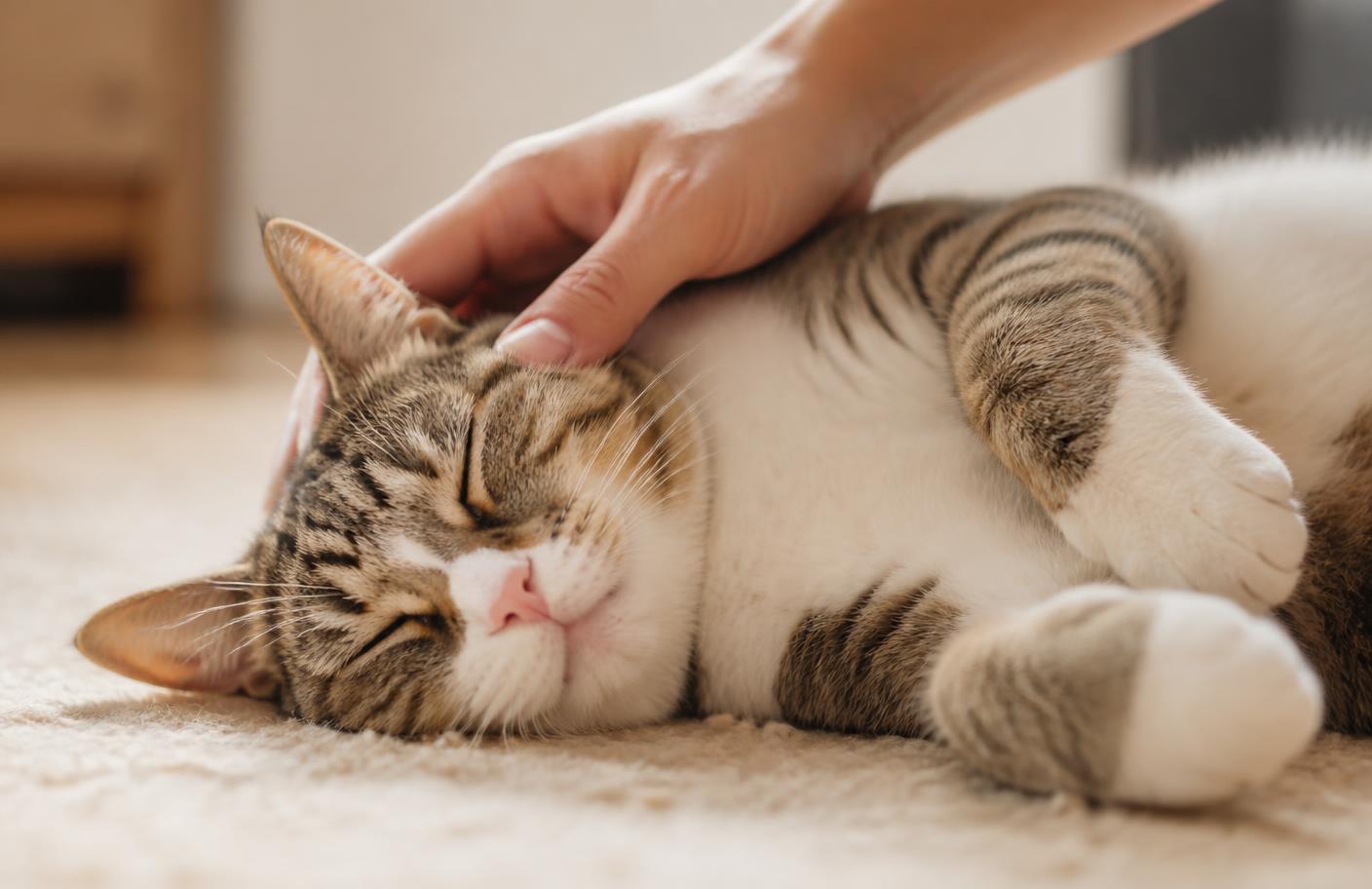 An owner gently stroking a relaxed cat