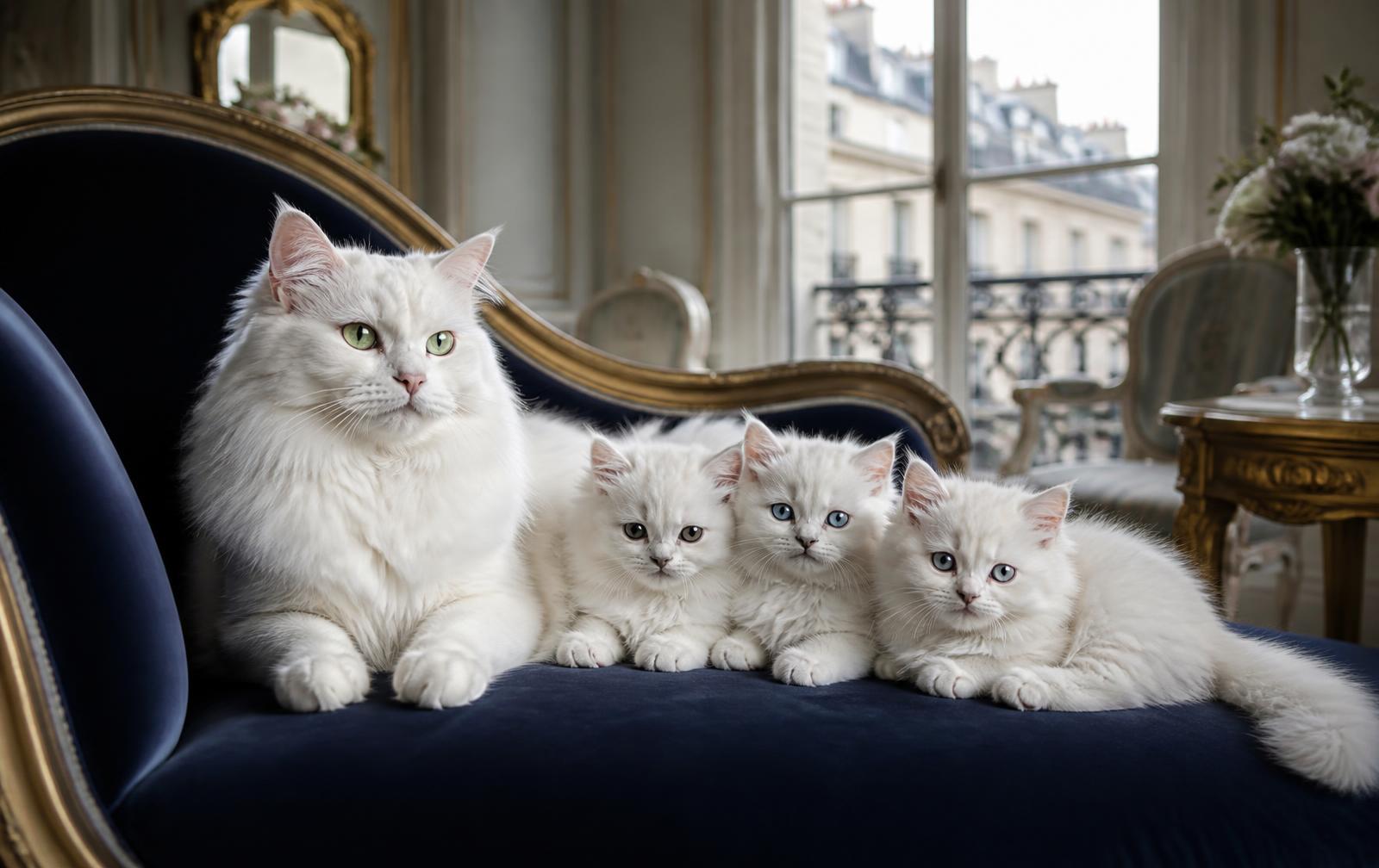 An elegant cream and grey cat sitting on a velvet cushion beside a vintage French window