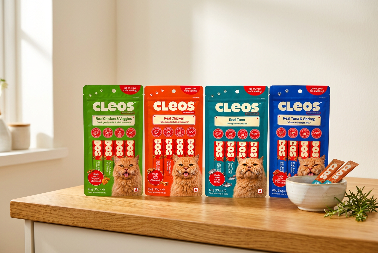 Cleos lickable cat treat pouches on a wooden kitchen counter