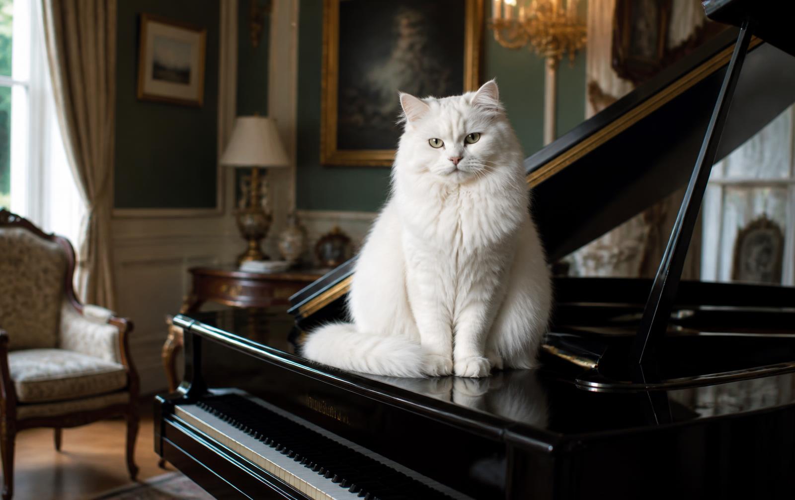 An elegant cream and grey cat sitting on a velvet cushion beside a vintage French window