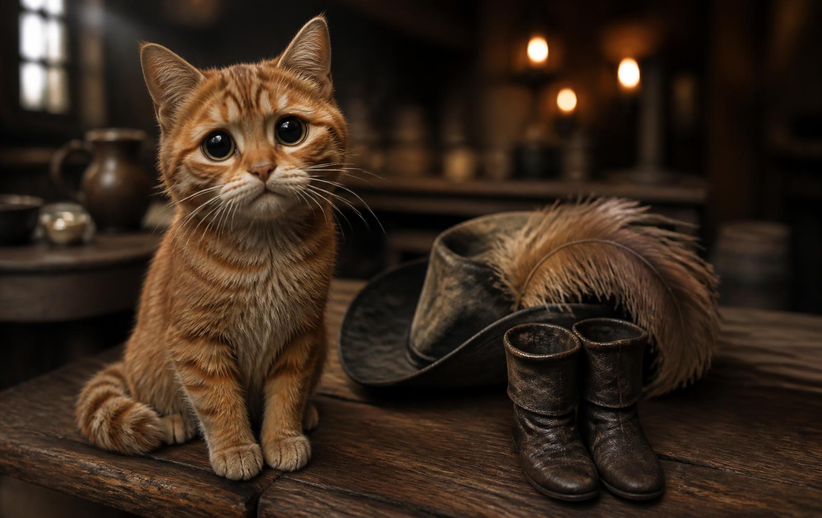 An illustrated swashbuckling cat character in a plumed hat and boots