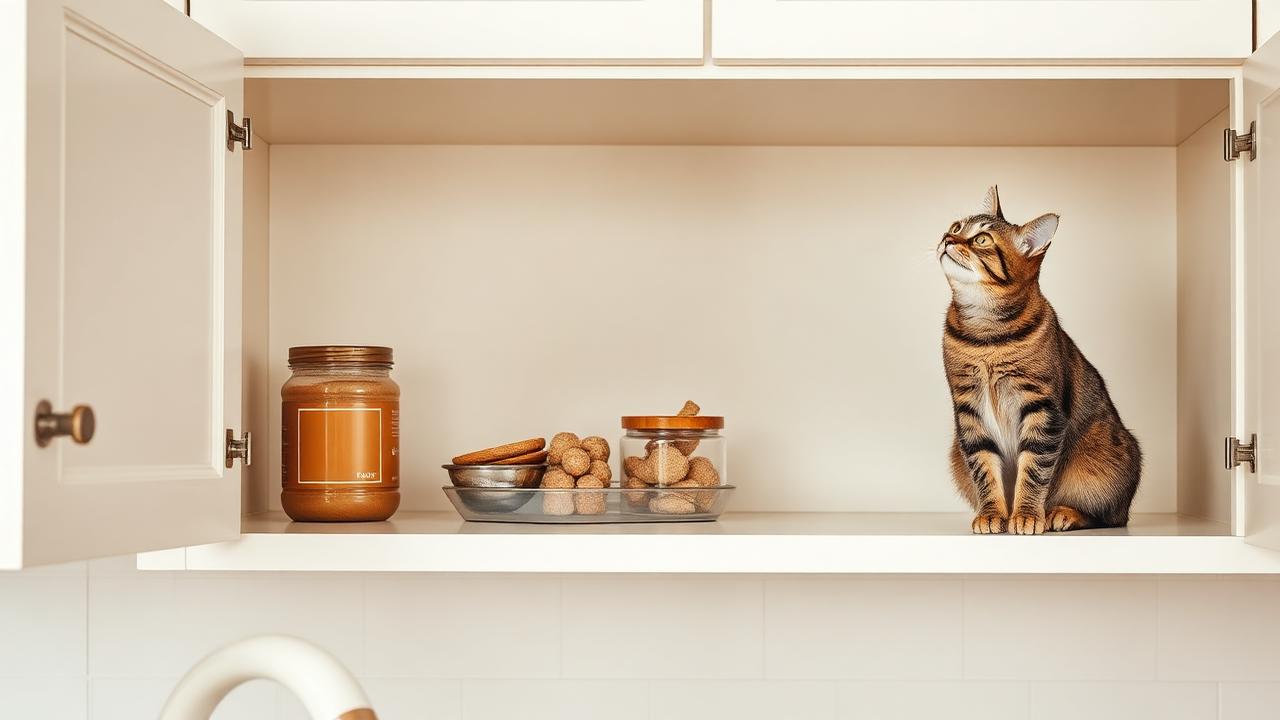 A cat sniffing a spilled bottle of sugar-free tablets on a table