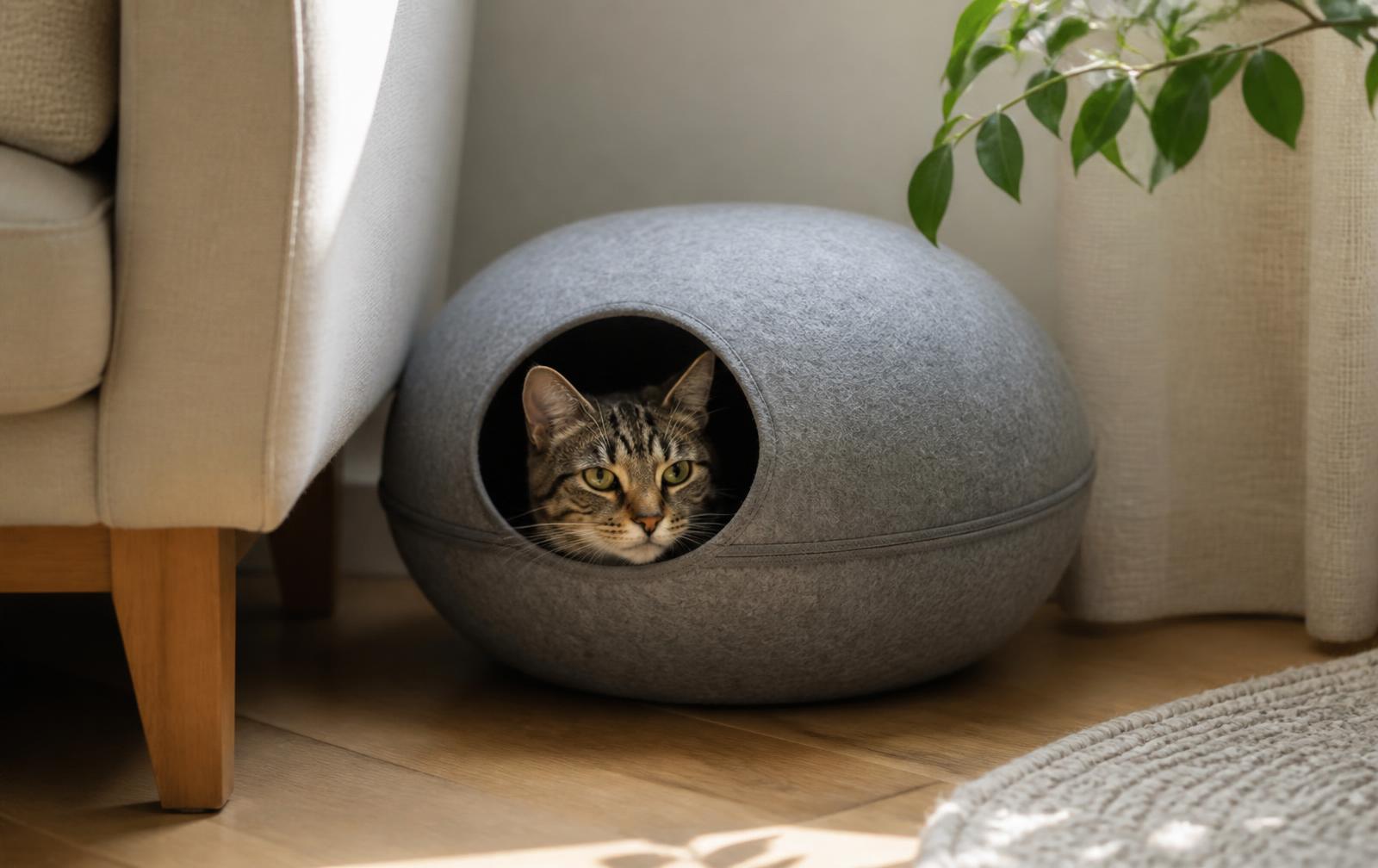 A cat resting inside an enclosed cave-style hideaway bed