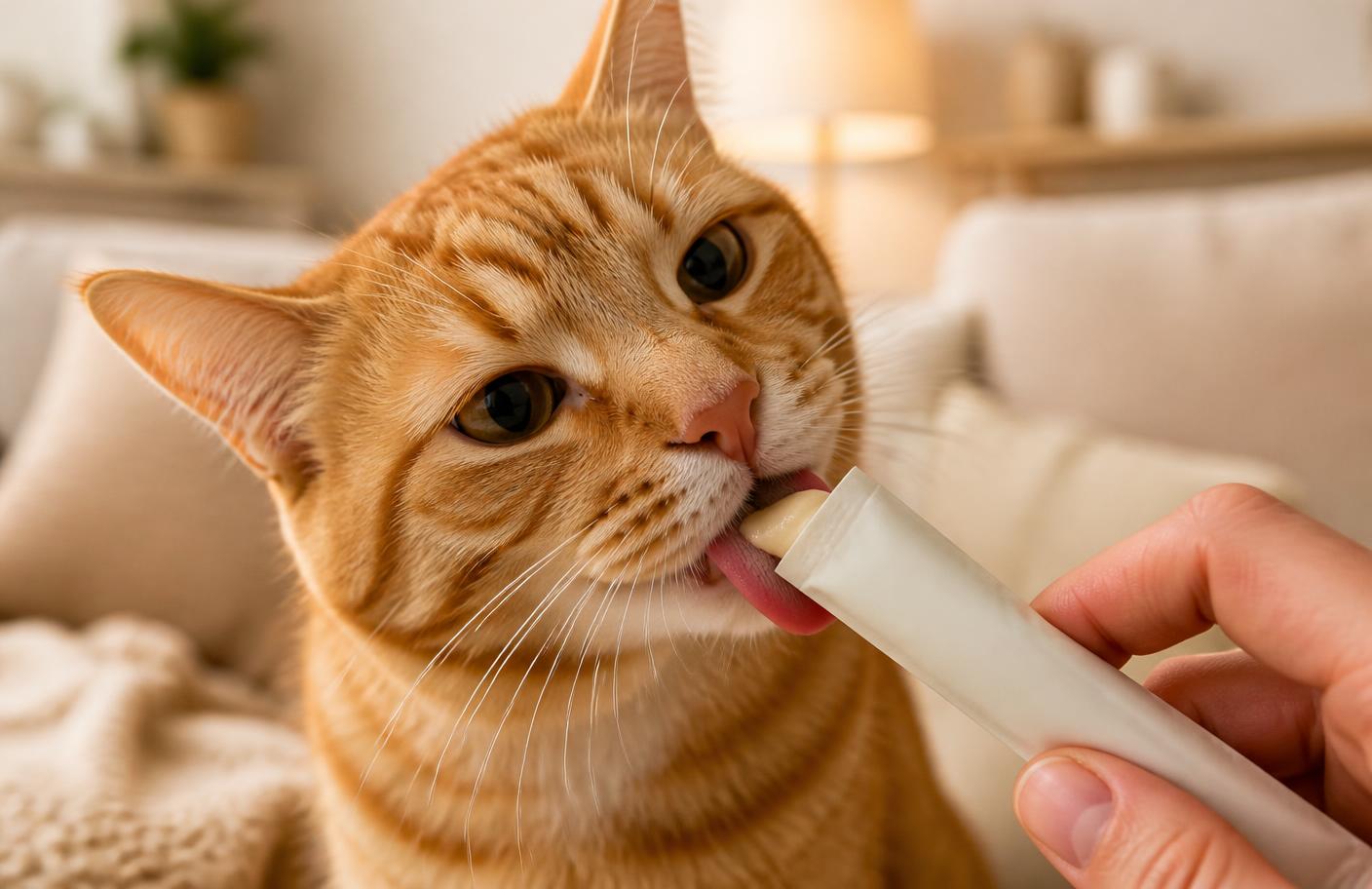 Happy cat licking a creamy lickable treat from a pouch