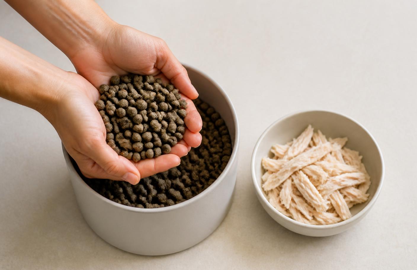 Filler-heavy pellets compared with fresh shredded chicken