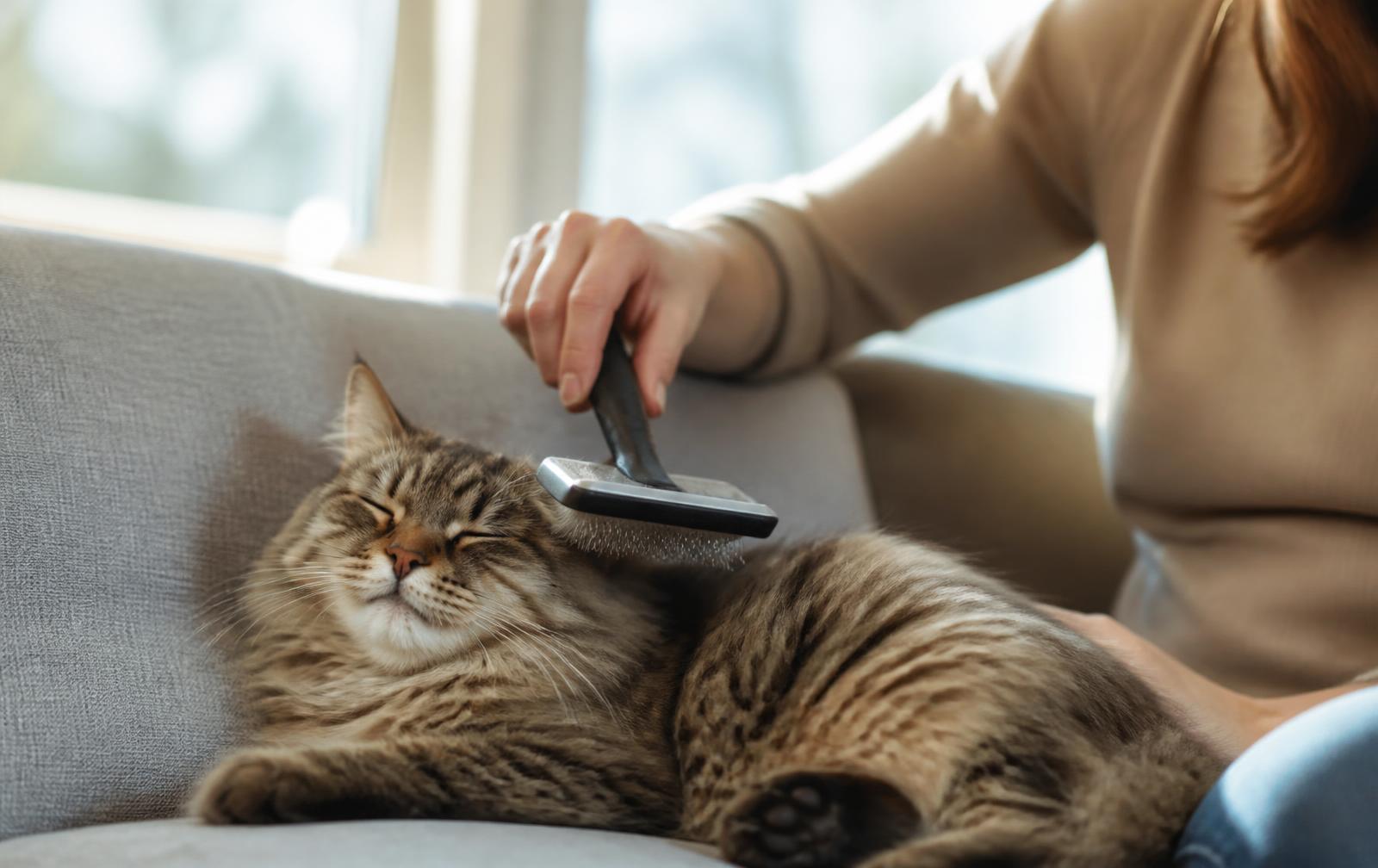 A cat being gently brushed during a calm grooming session