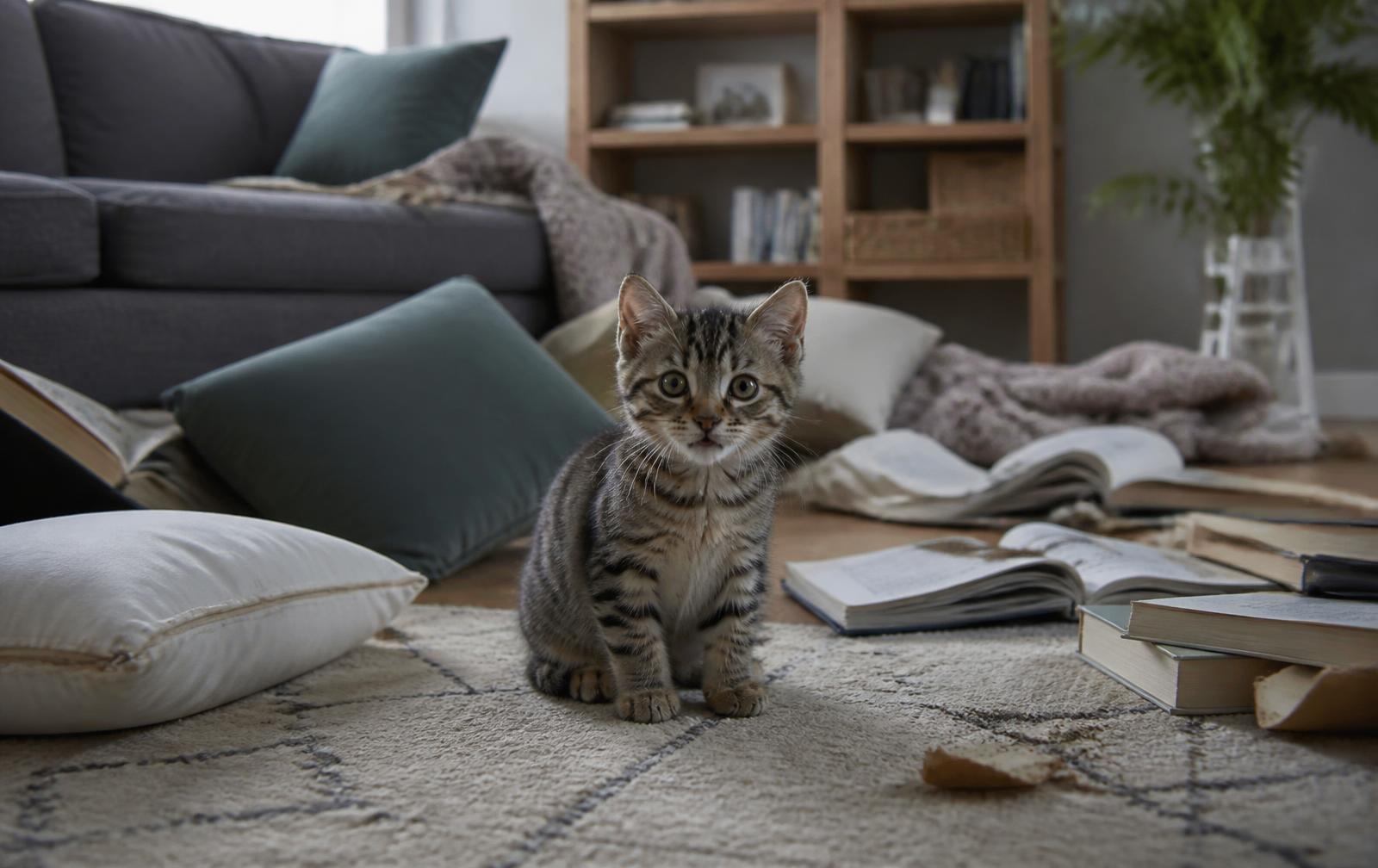 A mischievous kitten in a playfully messy living room