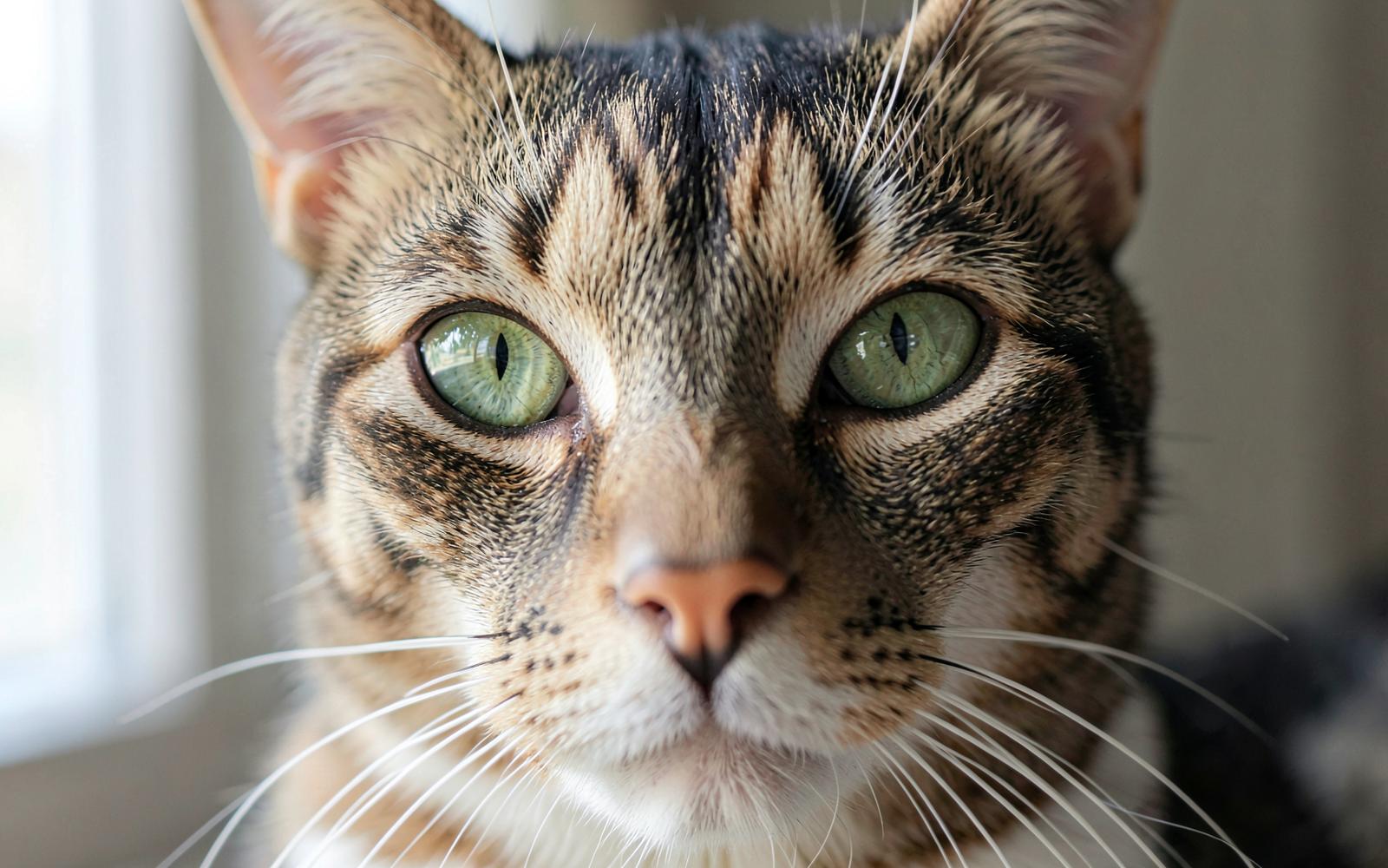Close-up of a cat's clear bright green eyes