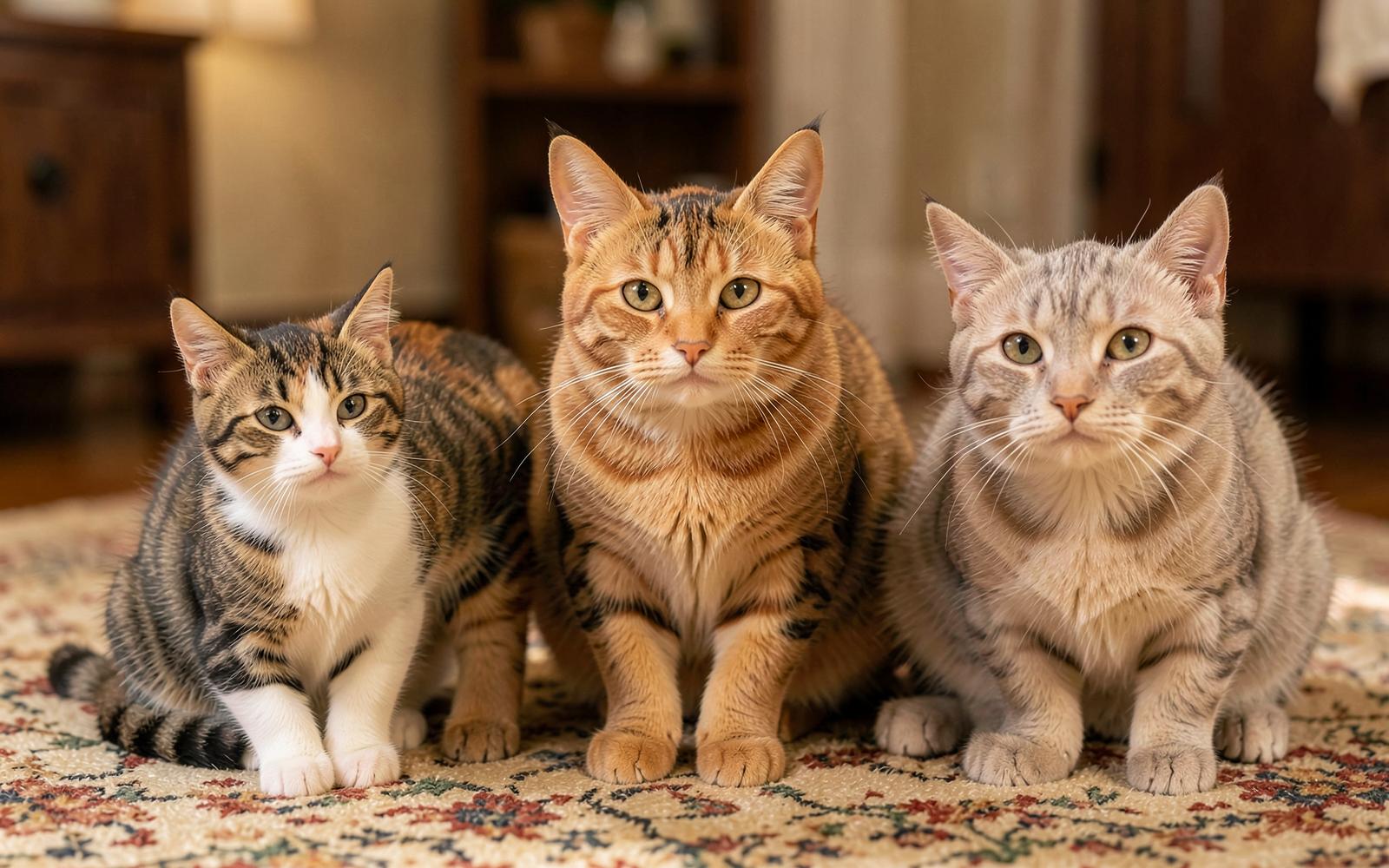 A kitten, an adult cat, and a senior cat sitting side by side on a rug