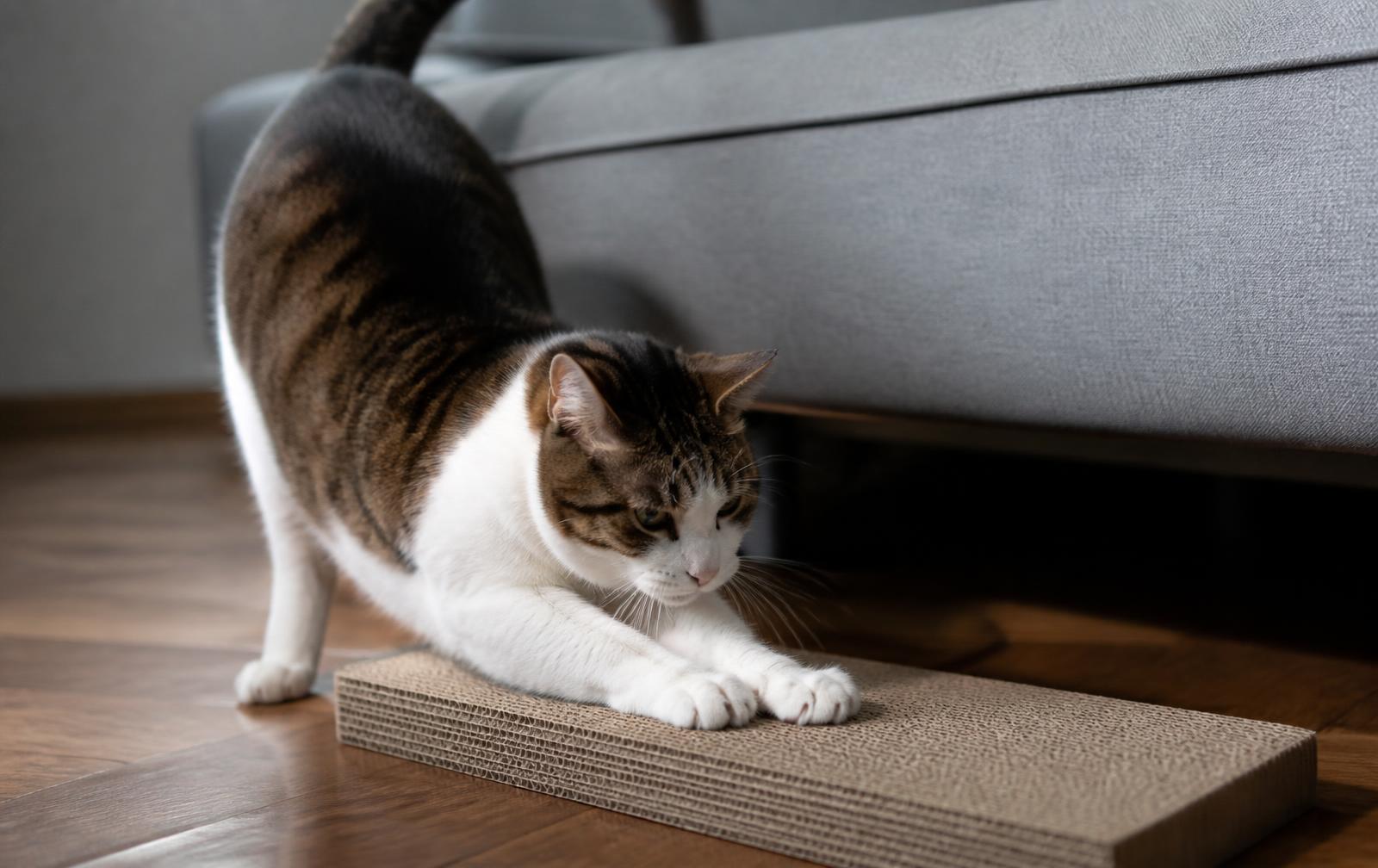 A rope-wrapped cat scratching post standing in a living room